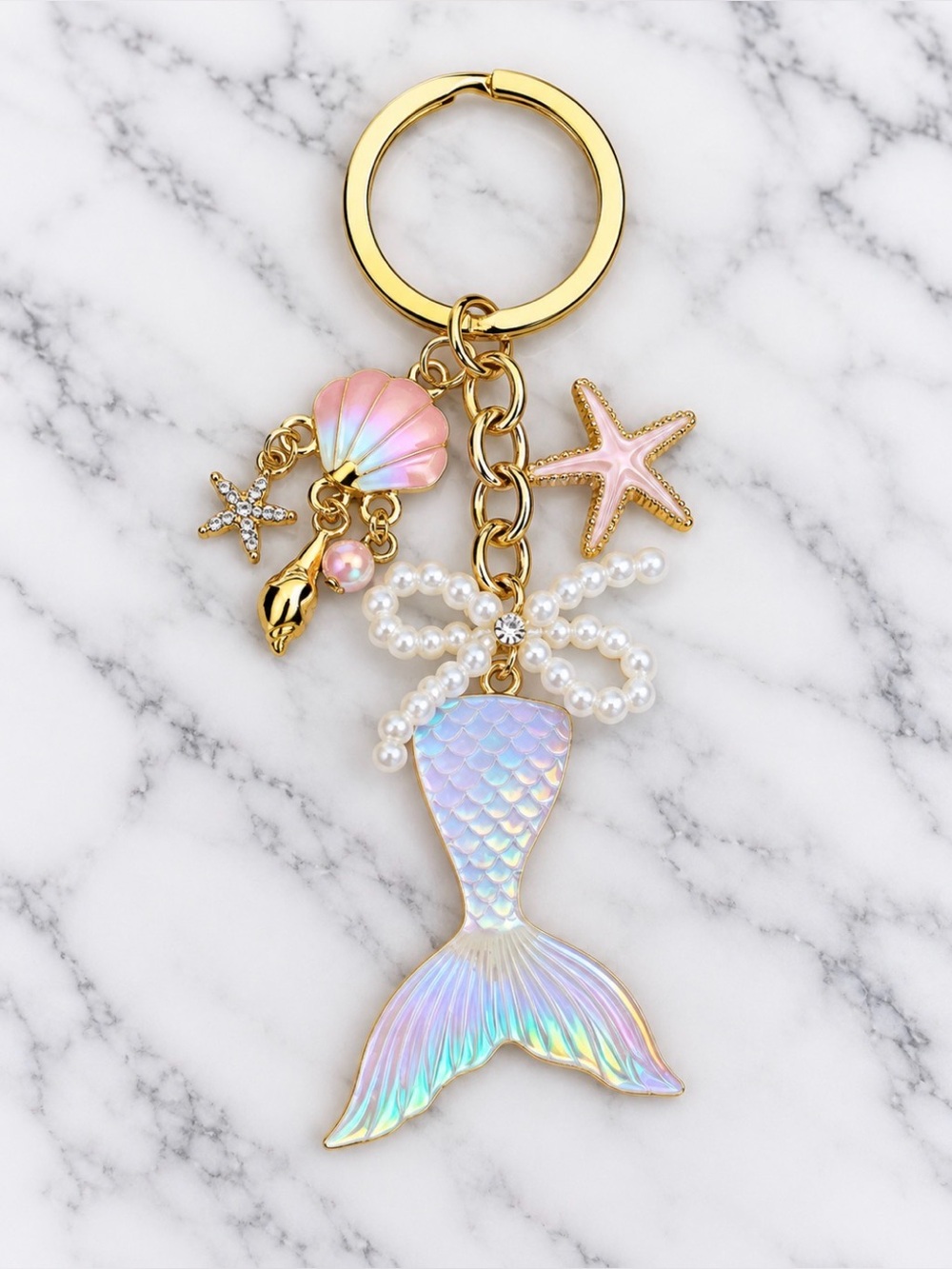 Bag Charm/Keyring-iridescent Mermaid tail with starfish and shells charms